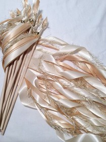 wedding photo - 100 Wedding Ribbon Wands Ivory And Toffee With Metallic Gold Frayed Ribbon And Bell Send Off Ribbon
