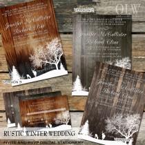 wedding photo - Rustic Winter Wedding Invite and RSVP  Country Winter Snow landscape with Deer and Trees-Wood Background - Digital Printable File