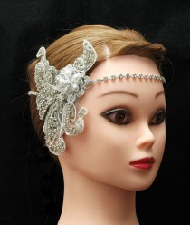 wedding photo -  Rhinestone Bridal Headband, Bohemian Hair Chain, Boho Wedding Hair Chain Accessory, Lace Headpiece, Bridal Beaded Lace Headband, Bohemian