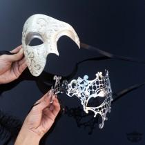 wedding photo - His & Hers Classic Phantom Masquerade Masks [Ivory/Silver Themed] - Ivory Half Mask and Silver Laser Cut Masquerade Mask with Diamonds