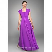 wedding photo -  Beautiful Purple Square Neckline Sash / Ribbon Empire Wasit Chiffon Satin Gown with Cap Style Sleeves for Bridesmaid