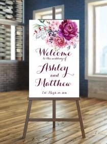 wedding photo - Printable Wedding Sign, Welcome Wedding Sign, Floral Wedding Sign, Purple Sign, Burgundy Wedding Sign, Floral welcome Sign, Custom sign