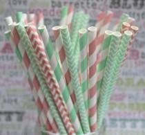wedding photo - 50 Mint and Blush Pink Party Straws, Pink and Mint Wedding Party Straws, Pink and Green Drinking Straws with Printable DIY Flag Template