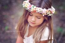 wedding photo - Woodland crown full Flower girl halo Hair Wreath peach coral yellow floral crown circlet bridal party wedding spring accessories photo prop