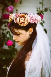 wedding photo - Bridal Veil, Bridal Flower Crown, Bridal Crown, Bridal Halo,Rose Flower Crown,Bridal Hair Piece, Flower Girl Crown, Boho Veil,Woodland  Veil