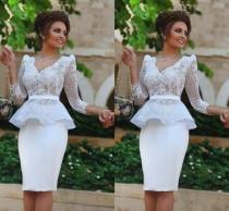 wedding photo - Hot Myriam Fares White Short Party Dresses Arabic with Long Sleeves Lace Sheer Sheath V Neck Bridal Short Prom Formal Gowns 2016 Online with $90.32/Piece on Hjklp88's Store 