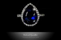 wedding photo - 7.5 carat Sapphire Pear Cut Halo CZ Ring, Vintage Sapphire Blue Cubic Zirconia Engagement Cocktail Statement Ring, Bridal Anniversary Ring