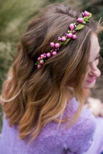 wedding photo - Pink Floral Circlet, Berries Crown, Spring, Summer, Wedding, Bridesmaids, Headpiece, flower Girl, bridal hair, festival, bridal crown