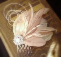 wedding photo - Wedding Feather Hair Fascinator, Nude and blush pink champagne feather hair comb with pearl rhinestone center, made to order