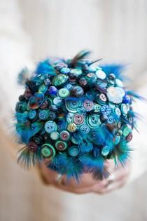 wedding photo - Button bouquet 'Indian blue peacock ' feather and button bouquet