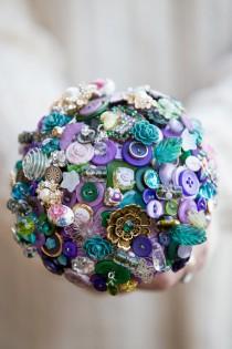 wedding photo - Button and brooch bouquet  'trinket box' purples and greens