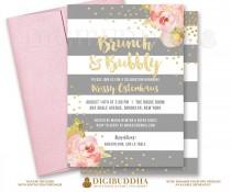 wedding photo - BRUNCH & BUBBLY INVITATION Bridal Shower Invite Pink Peonies Gray Stripes Gold Glitter Confetti Printable Rose Free Shipping or DiY- Krissy