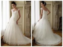 wedding photo -  Cap Sleeves Lace Tulle A-line Wedding Dress with Asymmetrical Drop Waist