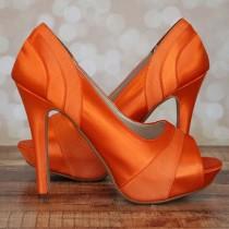 wedding photo - Orange Wedding Shoes -- Orange Platform Peeptoes with Chiffon Panels
