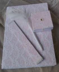 wedding photo -  Wedding, Paper Goods, Wedding Accessories,Off white lace guest book, Guest book and pen, Guest book and bookmarks, Pink end lace guest book