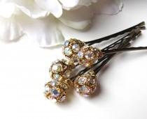wedding photo - AB Bridal Hair Pins, Aurora Borealis Crystals with Gold Tone, Glitz Shimmer Holiday Fashion