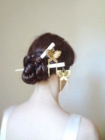wedding photo - Enchanted Magic- Bridal Luxury Brass Butterfly Geisha Hair Sticks