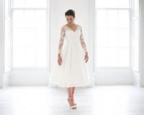 wedding photo - Beautiful Tea Length wedding dress with sleeves and keyhole back