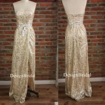 wedding photo - Sexy Gold Sequin Long Dress,Maid of Honor Dress,Strapless Cocktail Dresses,Pinup Party Dresses with High Side Slits,Bachelorette Party Dress