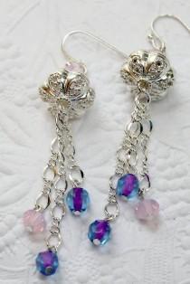 wedding photo - Bridesmaids Chandelier Earrings, Beautiful Aqua and Pink, Swarovski Opaque Pink Crystals, High Fashion, Finely Detailed Chandeliers