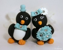 wedding photo - Touching heads penguin cake topper with banner, turquoise, black and white wedding
