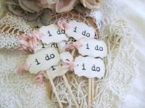 wedding photo - i do Wedding Cupcake Toppers Party Picks - Parchment - Set of 12 or 18 - Choose Ribbons - Vintage Rustic Shabby Style Wedding