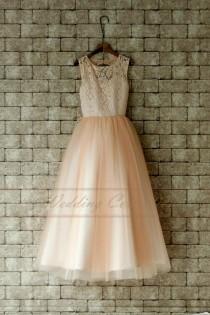 wedding photo - Blush Junior Bridesmaid Dress Lace Flower Girl Dress Floor Length
