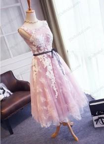 wedding photo -  PD16041 Amazing purple with white lace detailed tea length prom gown