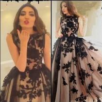 wedding photo - Modest Black Appliques Champagne Tulle Arabic Evening Dresses Prom 2016 Tarik Ediz High Neck Formal Sweep Train Party Gowns Pageant Online with $104.46/Piece on Hjklp88's Store 