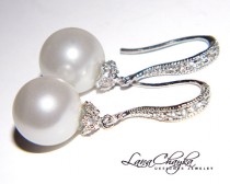 wedding photo -  White Pearl Drop Earrings Swarovski 10mm Pearl Bridal Earrings Sterling Silver CZ Pearl Earrings Wedding Jewelry Bridal Pearl Earrings