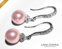 wedding photo -  Pink Pearl Earrings Rosaline Pearl Small Earrings Blush Pink Drop Pearl Earrings Swarovski 8mm Pearl Sterling Silver CZ Wedding Earrings