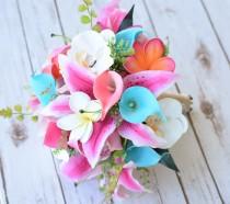 wedding photo - Wedding Hot Pink, Coral and Turquoise Aqua Natural Touch Orchids, Lilies, Callas and Plumerias Silk Flower Bride Bouquet - Robbin's Egg Mint