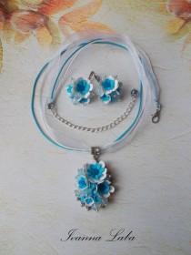 wedding photo - Blue jewelery set,blue flowers, blue flowers set, blue pendant, bridesmaid gift, rustic earrings, blue flowers earrings, girls set, gift