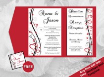 wedding photo -  DIY Printable Wedding Pocket Fold Invitation Set A7 5 x 7 | Editable MS Word file | Red Black Double Heart Romance