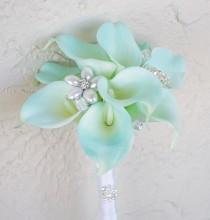 wedding photo - Silk Flower Wedding Bouquet - Aqua Mint Blue Calla Lilies Natural Touch Brooch Silk Bridal Bouquet - Robbin's Egg