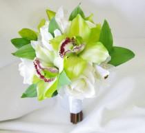 wedding photo - Wedding Natural Touch Green Cymbidium Orchids and White Roses Silk Flower Bride Bouquet - Almost Fresh