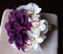 wedding photo - Silk Purple Calla Lilies and Off White Cymbidium Orchids Bouquet Ready to Ship Wedding Natural Touch Flowers