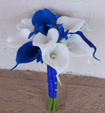 wedding photo - Silk Wedding Bouquet with Blue and White Calla Lilies - Natural Touch Callas Silk Bridal Flowers