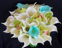 wedding photo - Silk Flower Wedding Bouquet - Aqua Turquise Mint Blue and Green Calla Lilies and Orchids Natural Touch Silk Bridal Bouquet