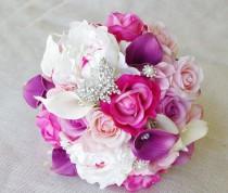 wedding photo - Wedding Purple Mix of Fuchsia, Pink and Lilac Natural Touch Peonies, Callas and Roses Silk Flower Bride Bouquet
