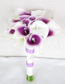 wedding photo - Silk Flower Wedding Bouquet - Purple Heart Calla Lilies Natural Touch with Crystals Silk Bridal Bouquet