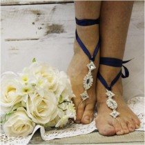 wedding photo -  Barefoot sandals wedding | Navy ribbon foot jewelry