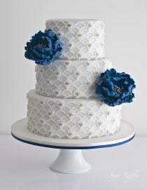 wedding photo - Scalloped Wedding Cake With Blue Peonies