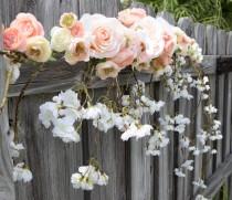 wedding photo - Wedding Arch Garland with Cascading Blossoms, Orchids & Roses Silk Arrangment Off White Faux Home Decor or Wedding Gazebo Plumerias Orchids