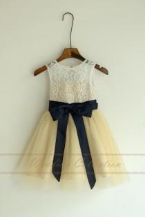 wedding photo - Champagned Dress with Ivory Lace Top Flower Girl Dresses, Tulle Flower Girls Dress With Navy Blue Sash and Bow