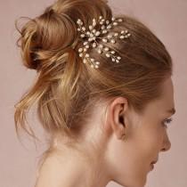 wedding photo - bridal hair pin, spray pearl freshwater, gold or silver wire, leaf bud pearls, wedding accessory, bride hair pin, bride pearl hair accessory