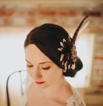wedding photo - Art Deco Art Nouveau Purple and Cream Fall Feather Bridal Fascinator Vintage Inspired,