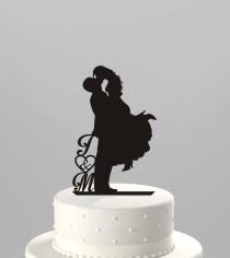 wedding photo - Wedding Cake Topper Silhouette with Couples initials, Acrylic Cake Topper [CT18d]