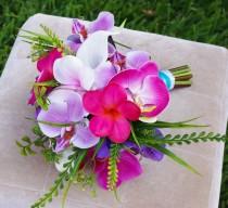 wedding photo - Wedding Silk Plumeria Bouquet - Fuchsia and Lilac Natural Touch Orchids and Plumerias Silk Bridal Bouquet