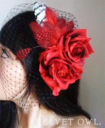 wedding photo - Red Rose Sexy Bridal hat Rockabilly bride wedding goth and black or red detachable with birdcage veil - ROSALINDA